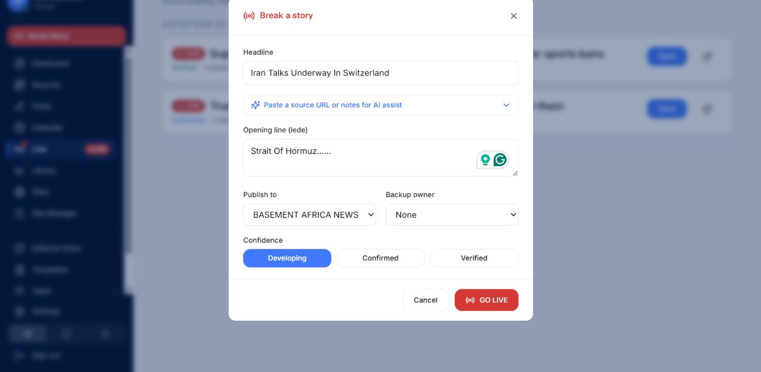Break a story modal — headline, opening line, confidence tier, and go-live control