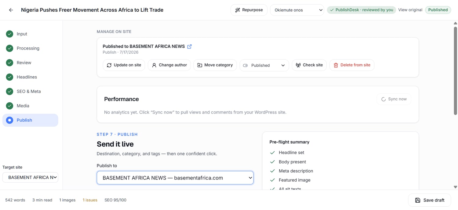 The publish step: choosing the target site, category and publish time before going live.