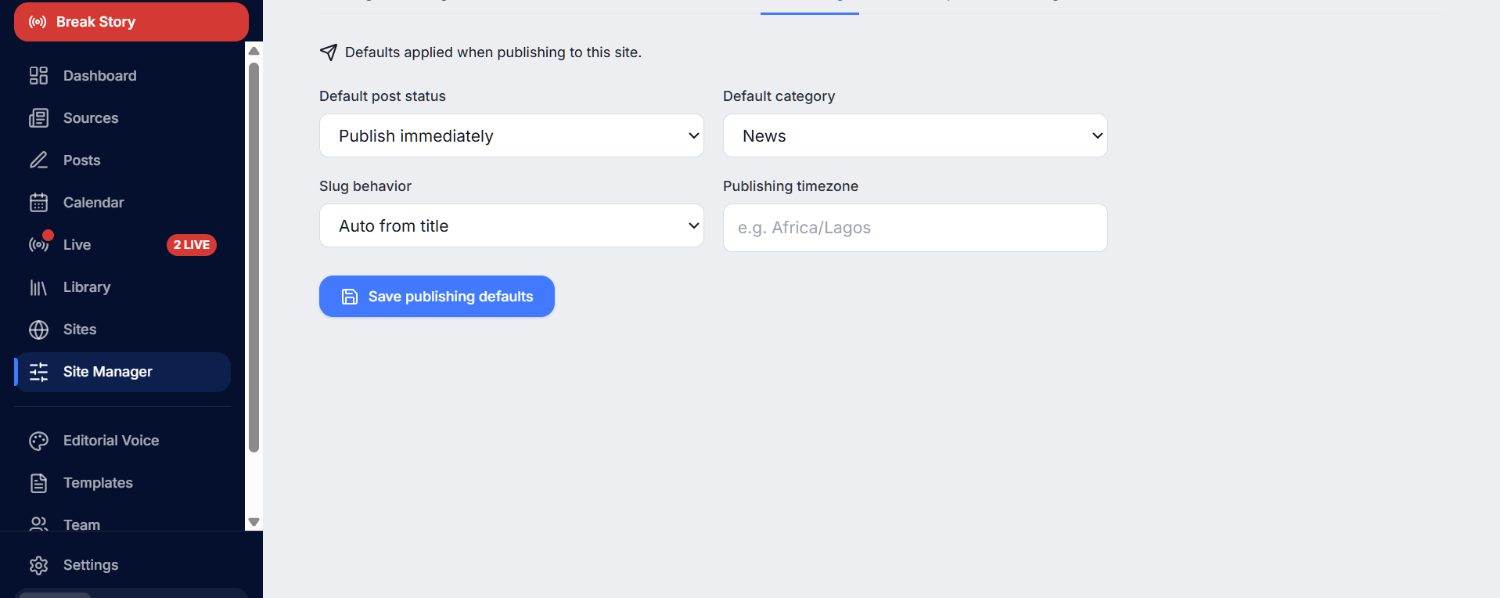 Site Manager — publishing defaults, categories, menus, SEO defaults, and breaking banner tabs