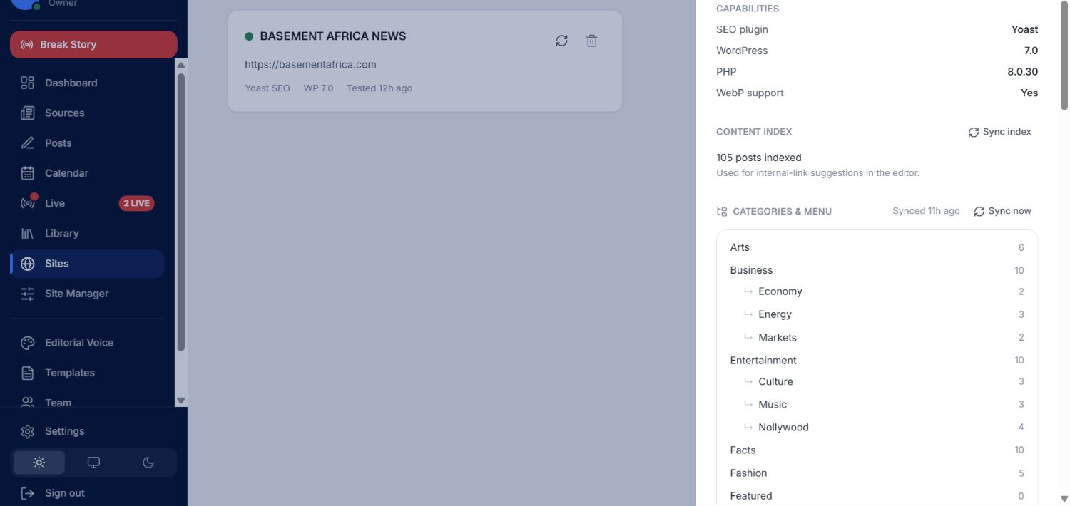 WordPress site detail — capabilities, posts indexed, and a live-synced category and menu tree